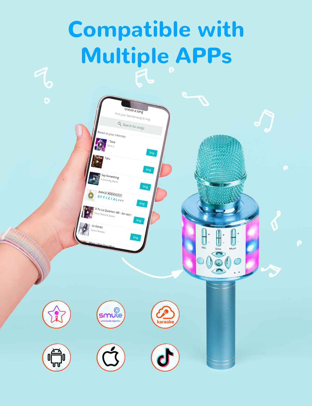 Amazmic Kids Karaoke Microphone Machine Toys for Girls Bluetooth Microphone with LED Light, Christmas Birthday Gift for Girls Boys