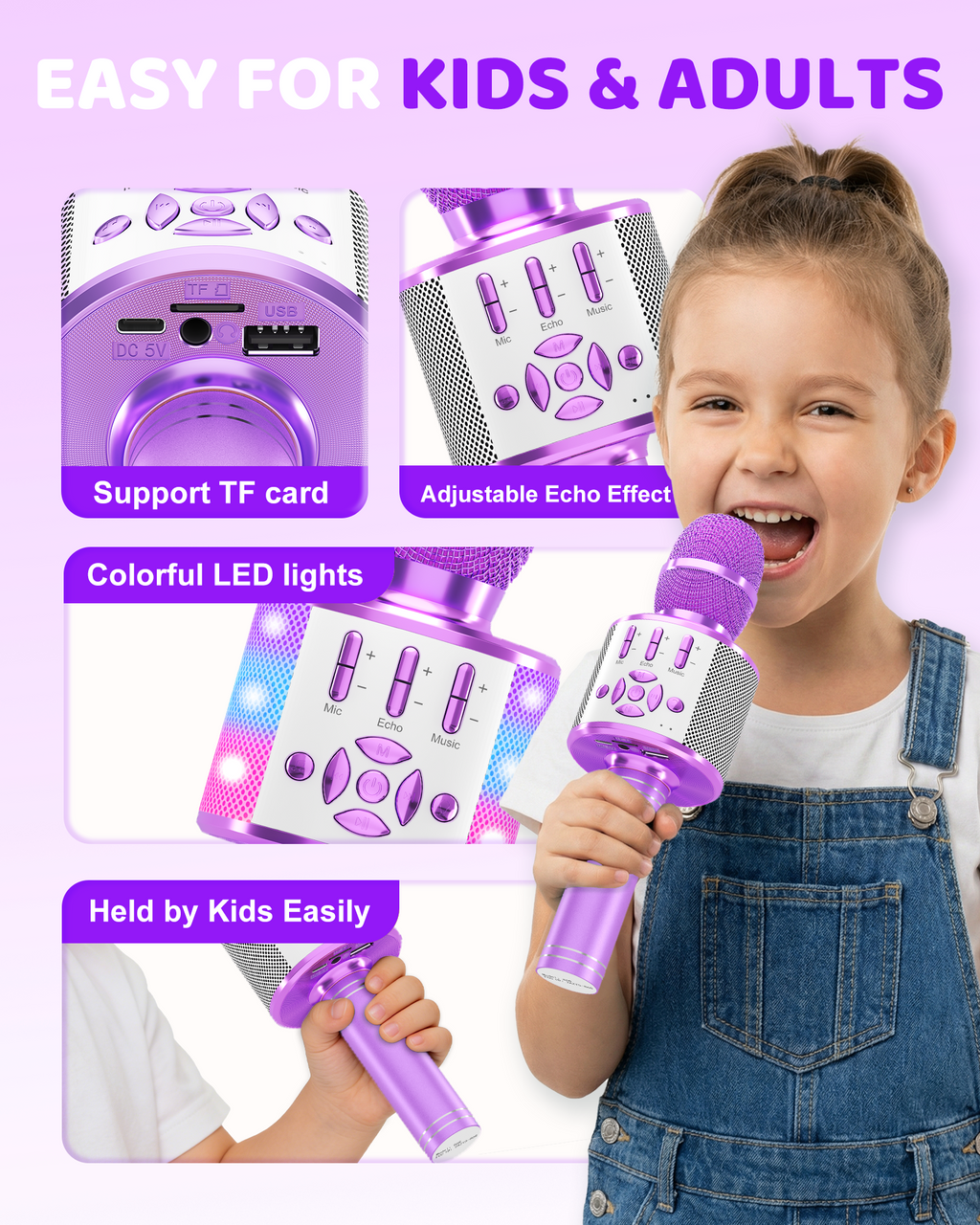 Amazmic Toys for Girls, Kids Karaoke Microphone Toddler Microphone for Kids with Lights, for Girls, Birthday New Year Party Boys Toy Age 3 4 5 6 7 8+(Light Purple)