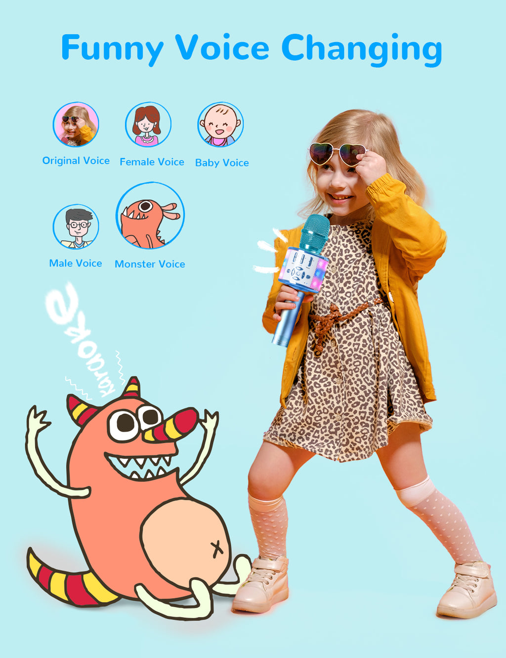 Amazmic Kids Karaoke Microphone Machine Toys for Girls Bluetooth Microphone with LED Light, Christmas Birthday Gift for Girls Boys