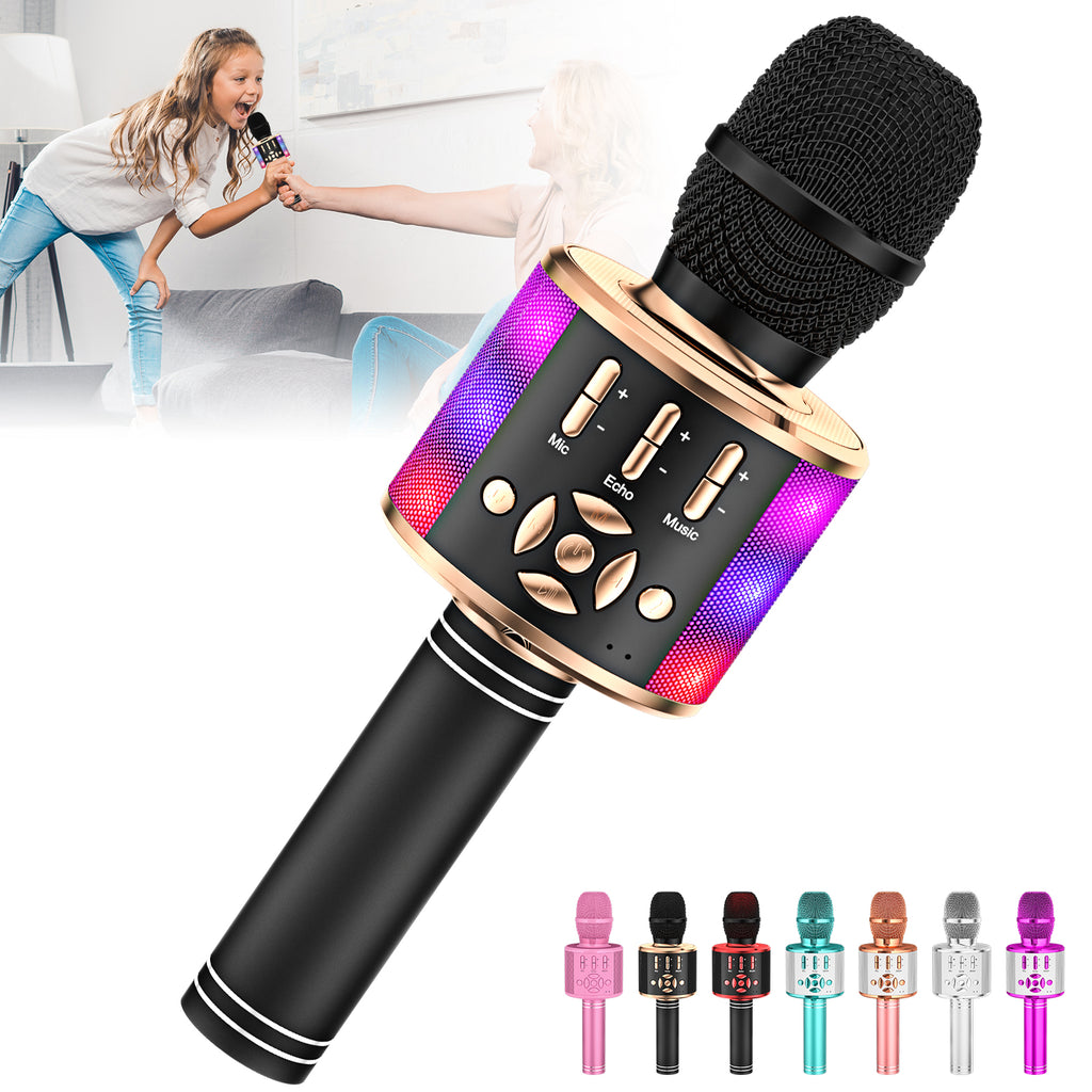 Amazmic Kids Karaoke Microphone Machine Toy Bluetooth Microphone Portable Wireless Karaoke Machine Handheld with LED Lights, Gift for Children Adults Birthday Party, Home KTV(Black Gold)